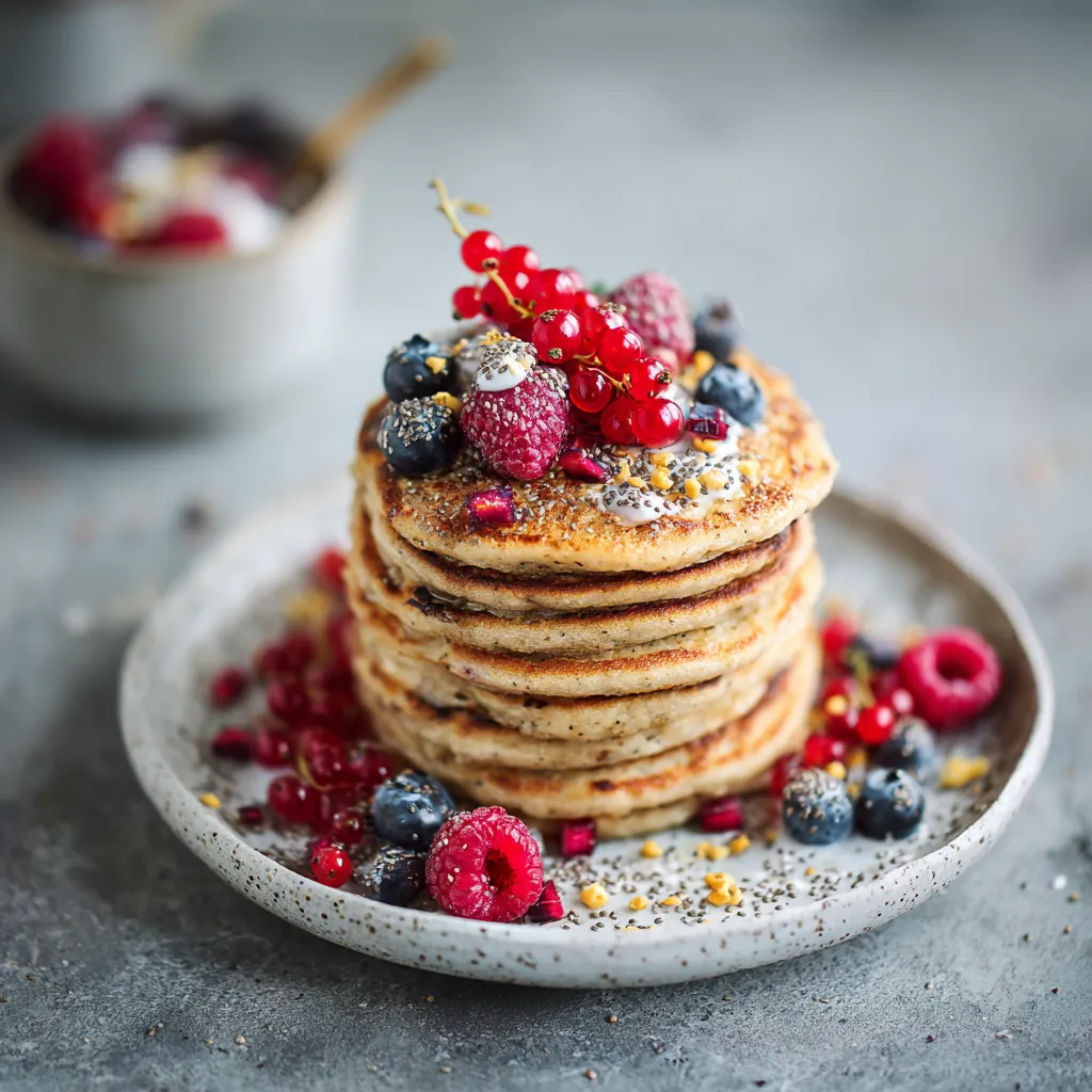 Pancakes protéinés garnis de fruits rouges et skyr dans une assiette en céramique