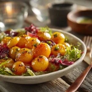 Salade de mirabelles rôties et mâche servie dans une assiette en céramique, nappée de vinaigrette miel-balsamique, décorée de graines et d’herbes fraîches.