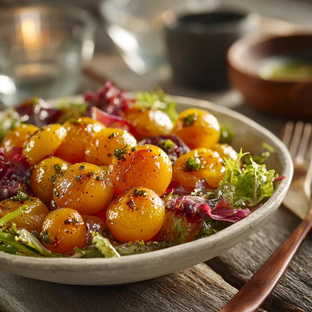 Salade de mirabelles rôties et mâche servie dans une assiette en céramique, nappée de vinaigrette miel-balsamique, décorée de graines et d’herbes fraîches.