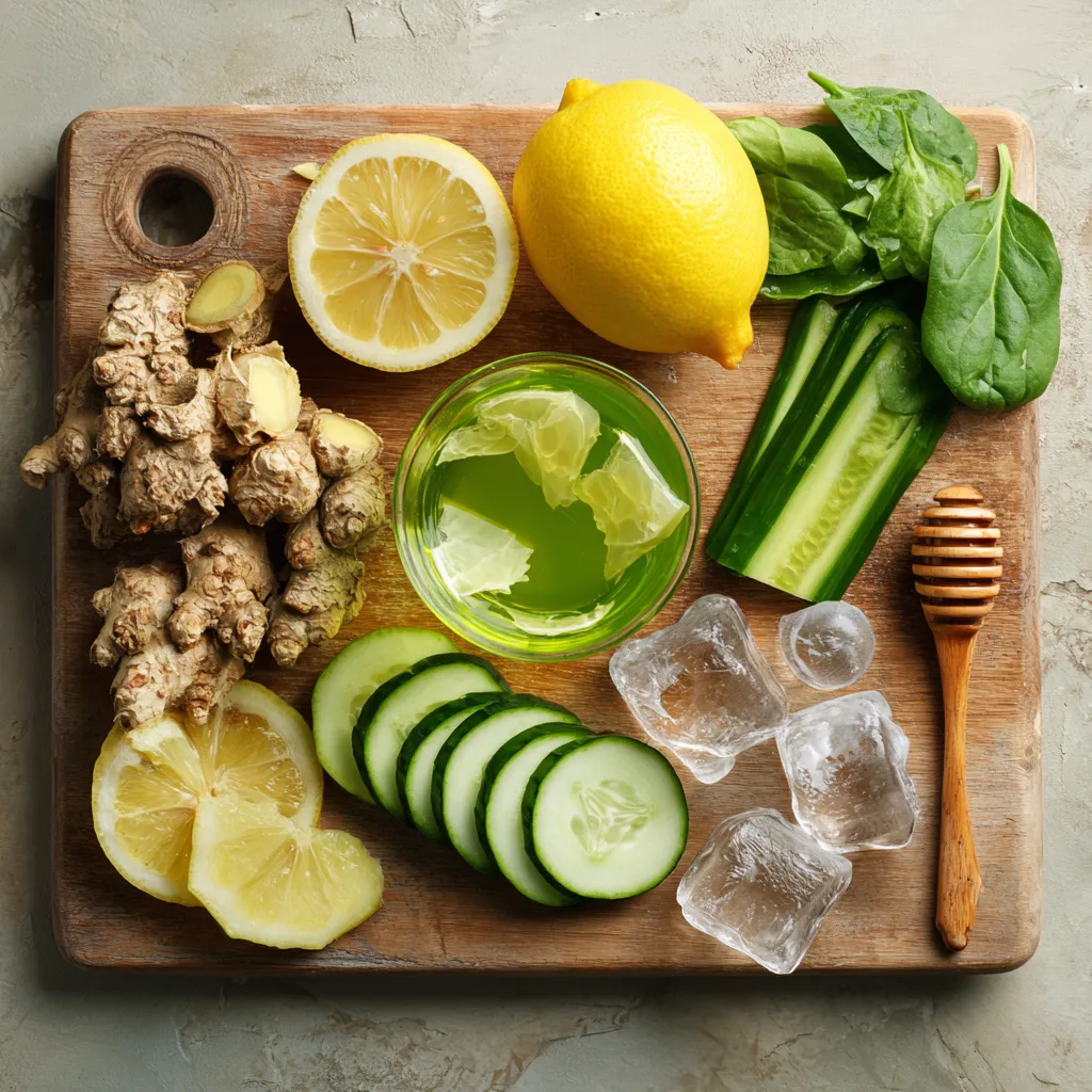 Ingrédients du jus détox maison : citron, concombre, gingembre, épinards, miel et glaçons disposés sur une planche en bois.
