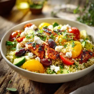 Salade Composée Excellente avec poulet grillé, quinoa, tomates cerises, olives noires et feta dans un bol en céramique sur table en bois rustique.