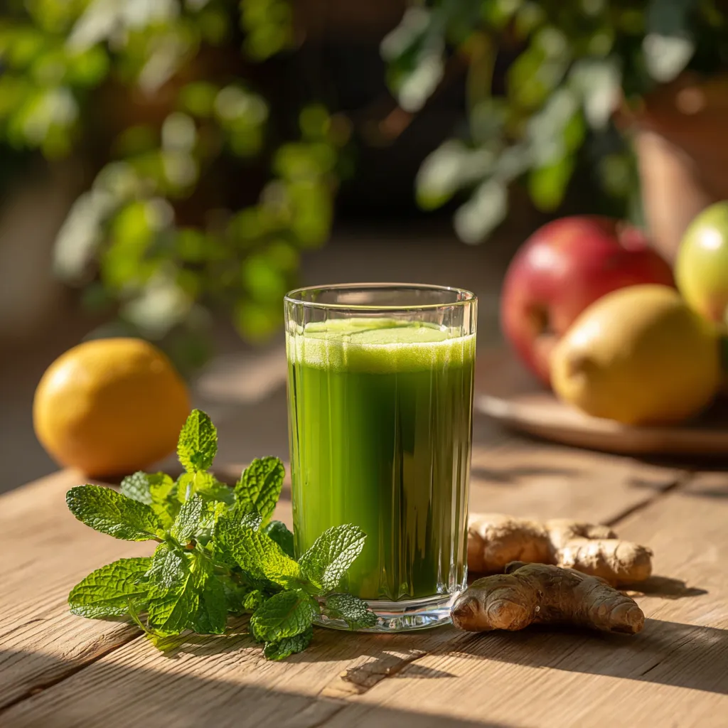 Jus détox vert avec feuilles de menthe, citron et gingembre sur une table en bois.
