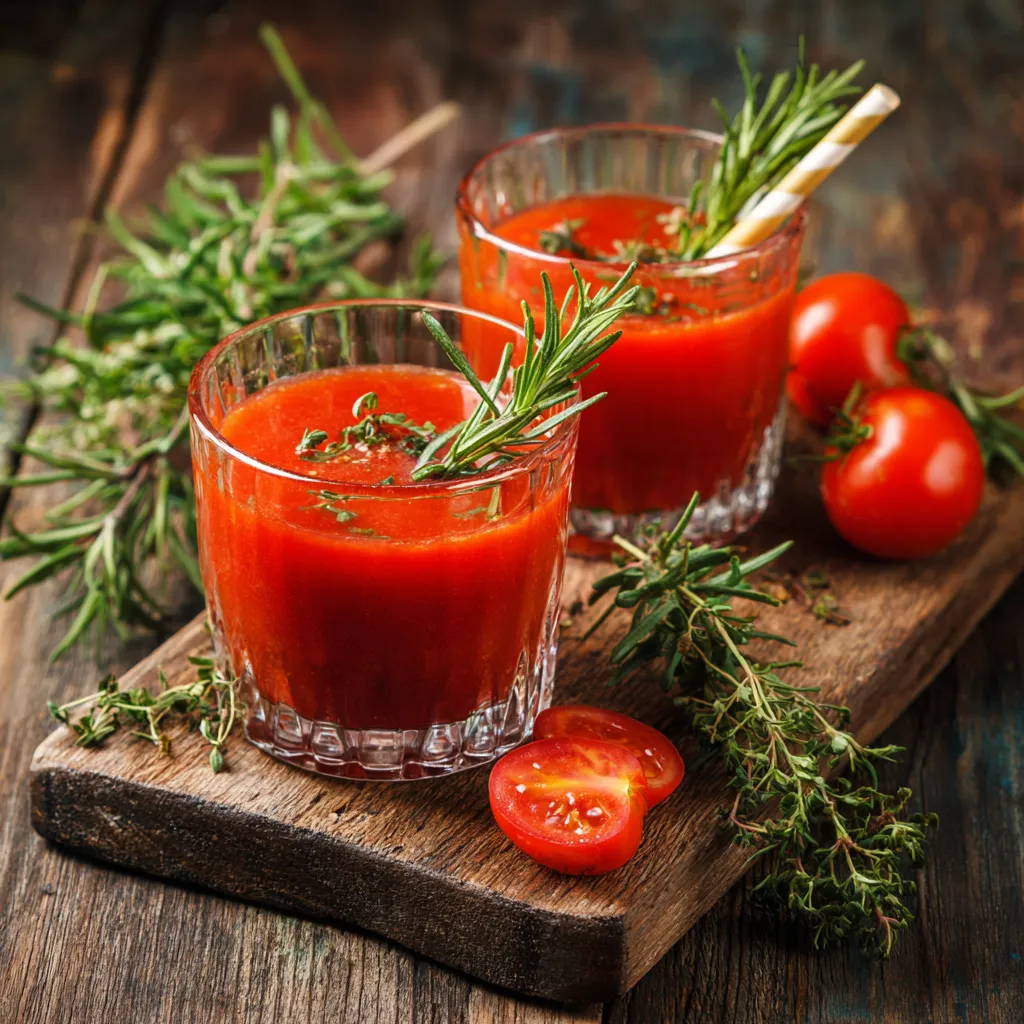 Deux verres de jus de tomates garnis de romarin et de thym frais sur une planche en bois rustique.