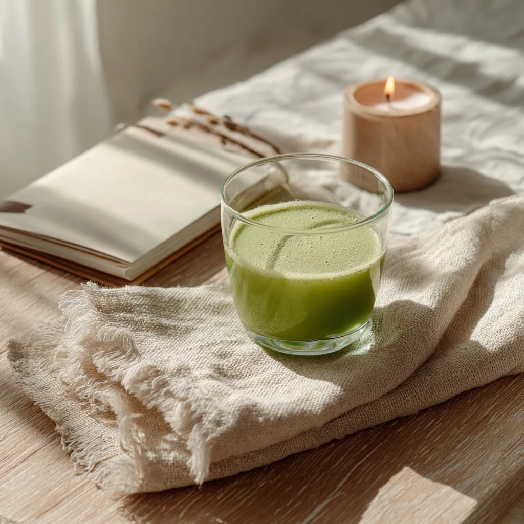 Verre de jus détox vert posé sur une table ensoleillée avec une bougie et un carnet, ambiance matinale zen et naturelle.