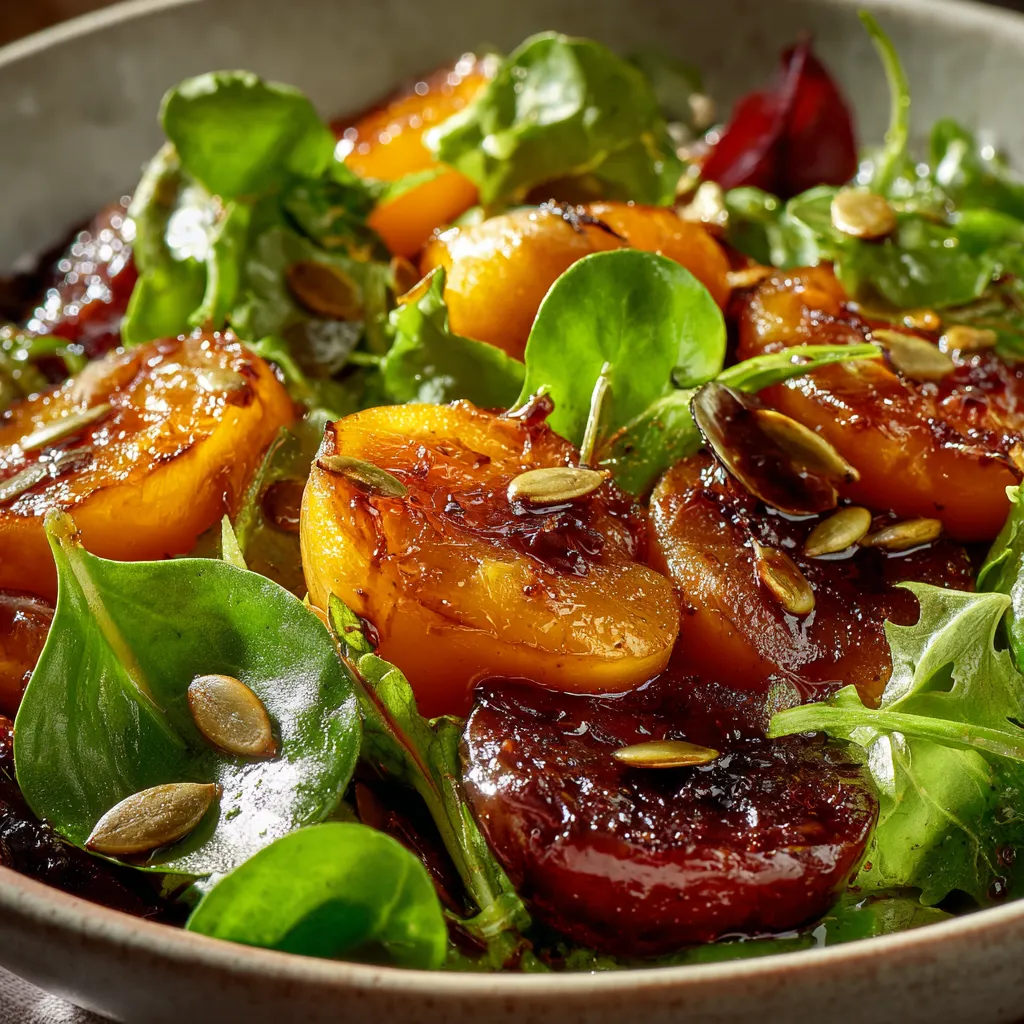 Gros plan appétissant sur des mirabelles rôties brillantes, enrobées de miel et de vinaigrette balsamique, posées sur un lit de mâche fraîche.