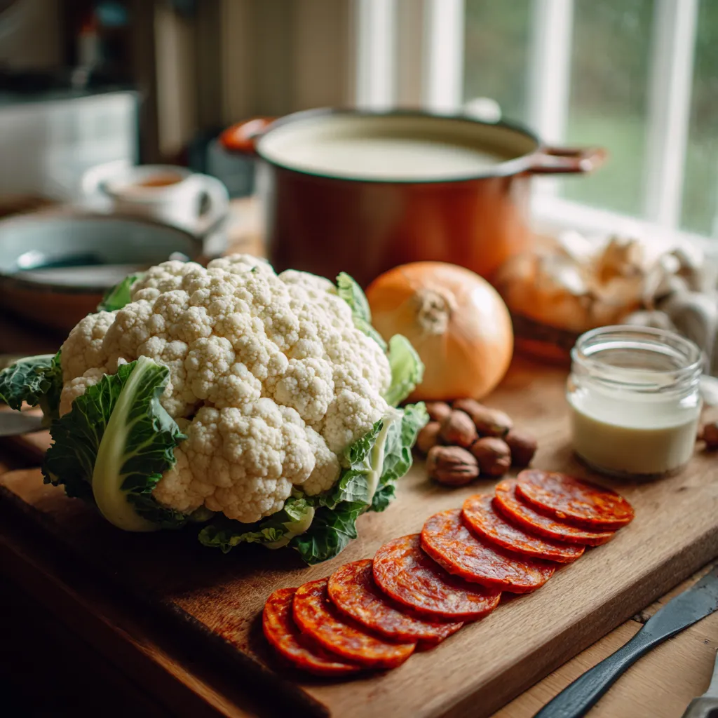 Ingrédients du velouté de chou-fleur au chorizo et aux noisettes torréfiées disposés sur une planche de bois.