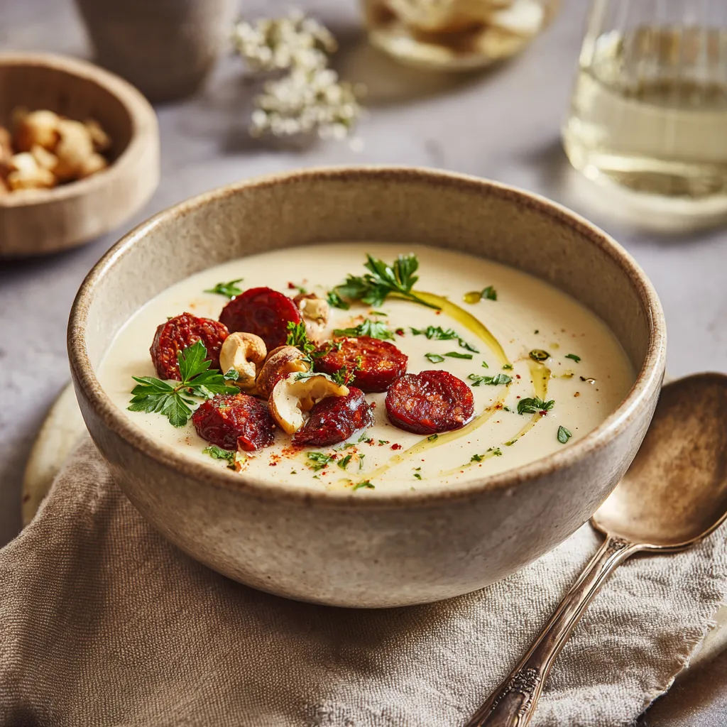Velouté de chou-fleur au chorizo et aux noisettes torréfiées au chorizo servi avec noisettes grillées et persil frais dans un bol en grès.