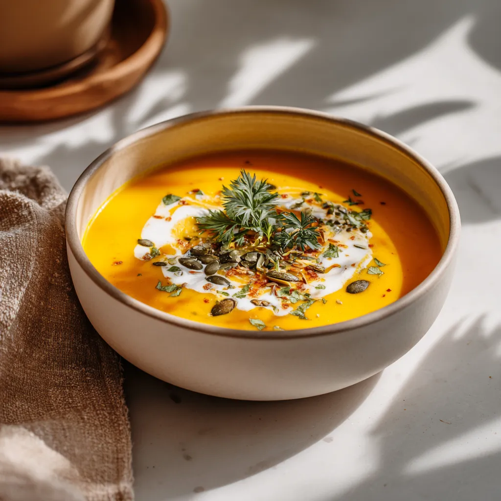 Soupe de Courge Butternut Facile et Délicieuse 5 soupe de courge butternut crémeuse et dorée, décorée de crème, graines de courge et herbes fraîches, posée sur une table en bois clair dans une cuisine blanche.