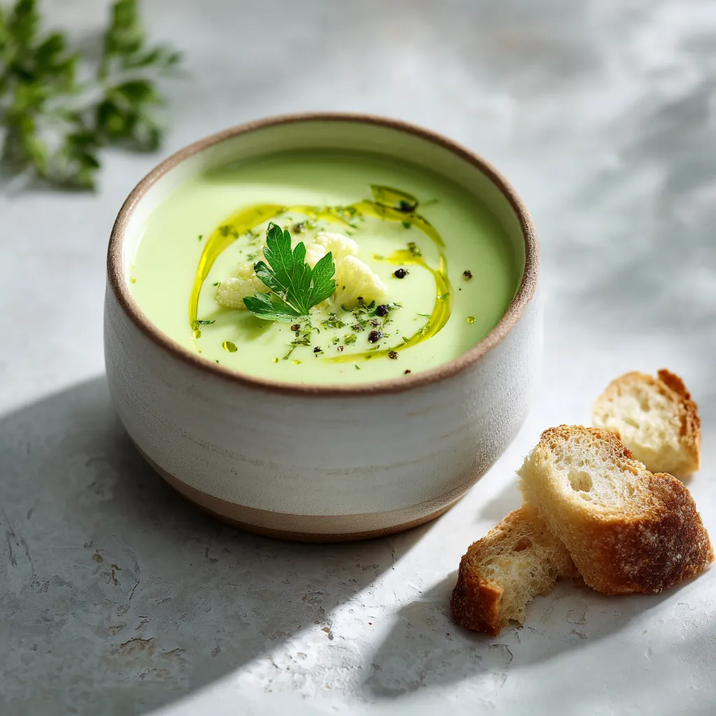 Soupe de chou-fleur verte et onctueuse dans un bol en céramique, décorée de persil, d’huile d’olive et de croûtons croustillants, sur un plan clair et minimaliste.