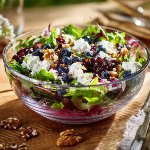 Salade d’été aux myrtilles, feta et noix servie dans un bol en verre sur une table en bois en plein air.