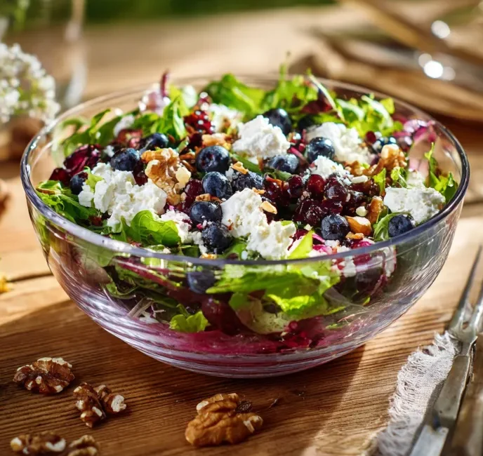 Salade d’été aux myrtilles, feta et noix servie dans un bol en verre sur une table en bois en plein air.