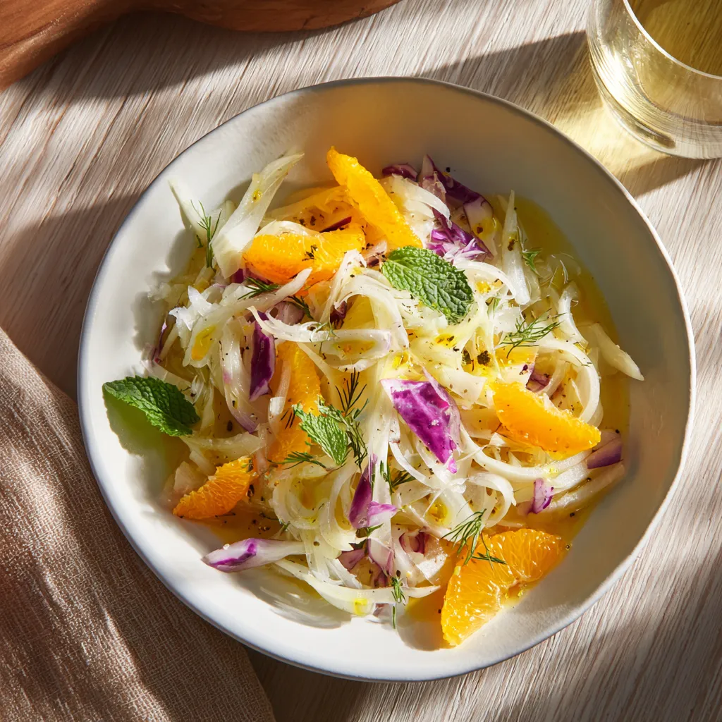 Bol de salade de fenouil avec des morceaux d’orange, d’oignon rouge et des feuilles de menthe, sous une lumière chaude.