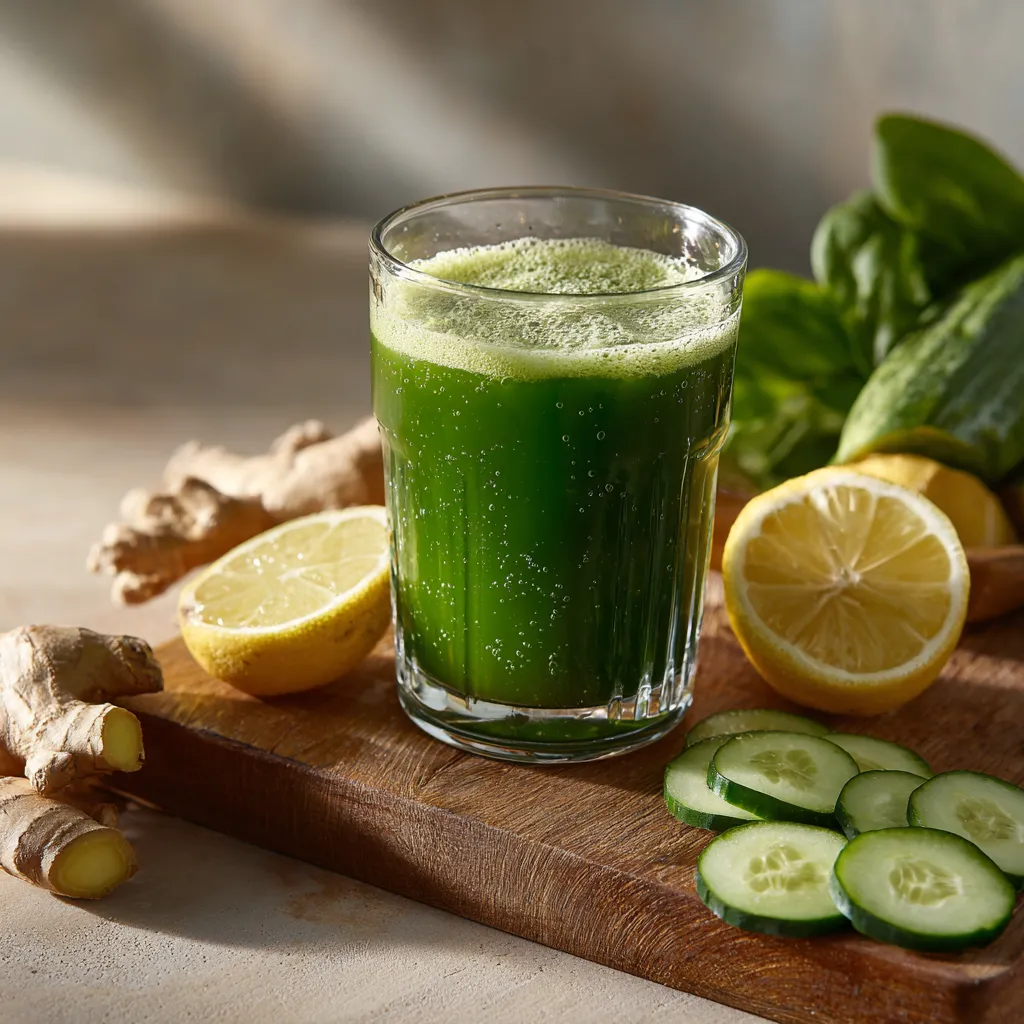 Verre de jus vert détox sur une planche en bois, entouré de citron, gingembre, concombre et épinards frais.