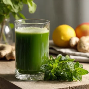 Jus Détox Pour Maigrir vert à la menthe fraîche sur une table en bois.
