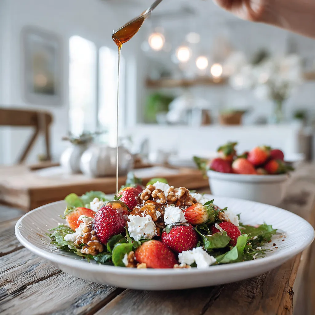 Salade sucrée salée avec fraises, fromage de chèvre, jeunes pousses et noix dans une cuisine blanche