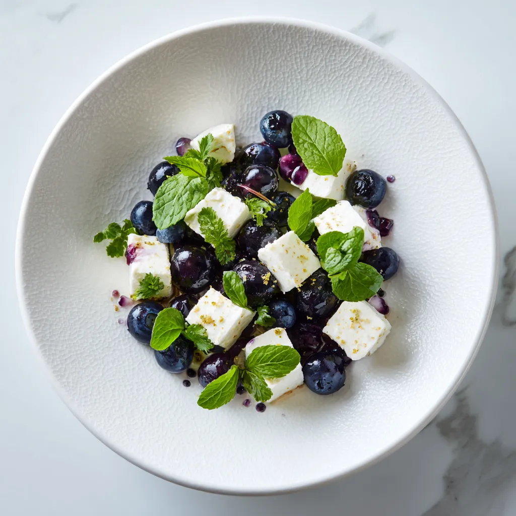 Salade de myrtilles et cubes de feta décorée de feuilles de menthe dans une assiette blanche.