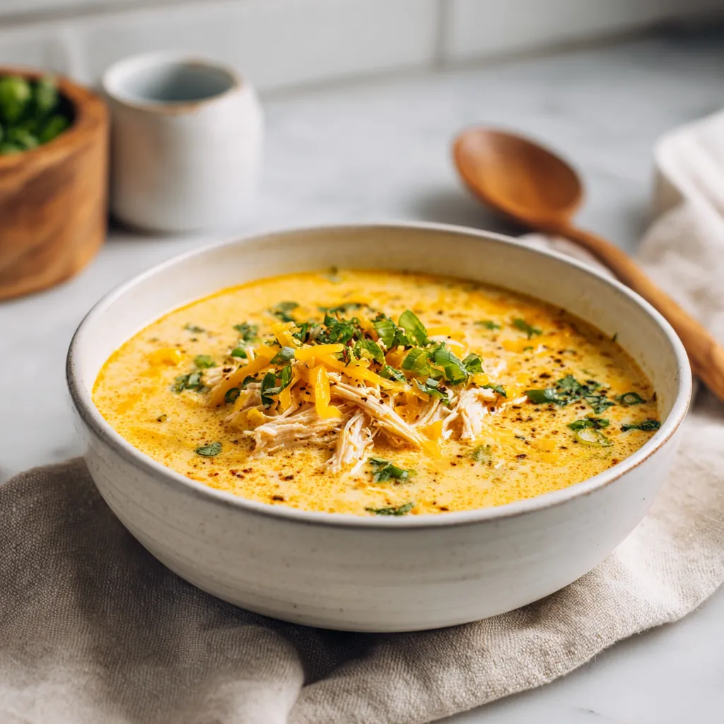 Soupe au Poulet, Poireau et Cheddar: La Recette Ultime 5 Bol de soupe au poulet, poireau et cheddar crémeuse et fumante, décorée d’herbes fraîches, servie dans une cuisine blanche moderne.