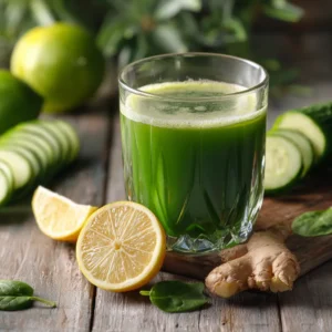 Jus Detox Maison Ventre Plat détox vert au citron et au concombre, posé sur une table rustique en bois avec gingembre frais.