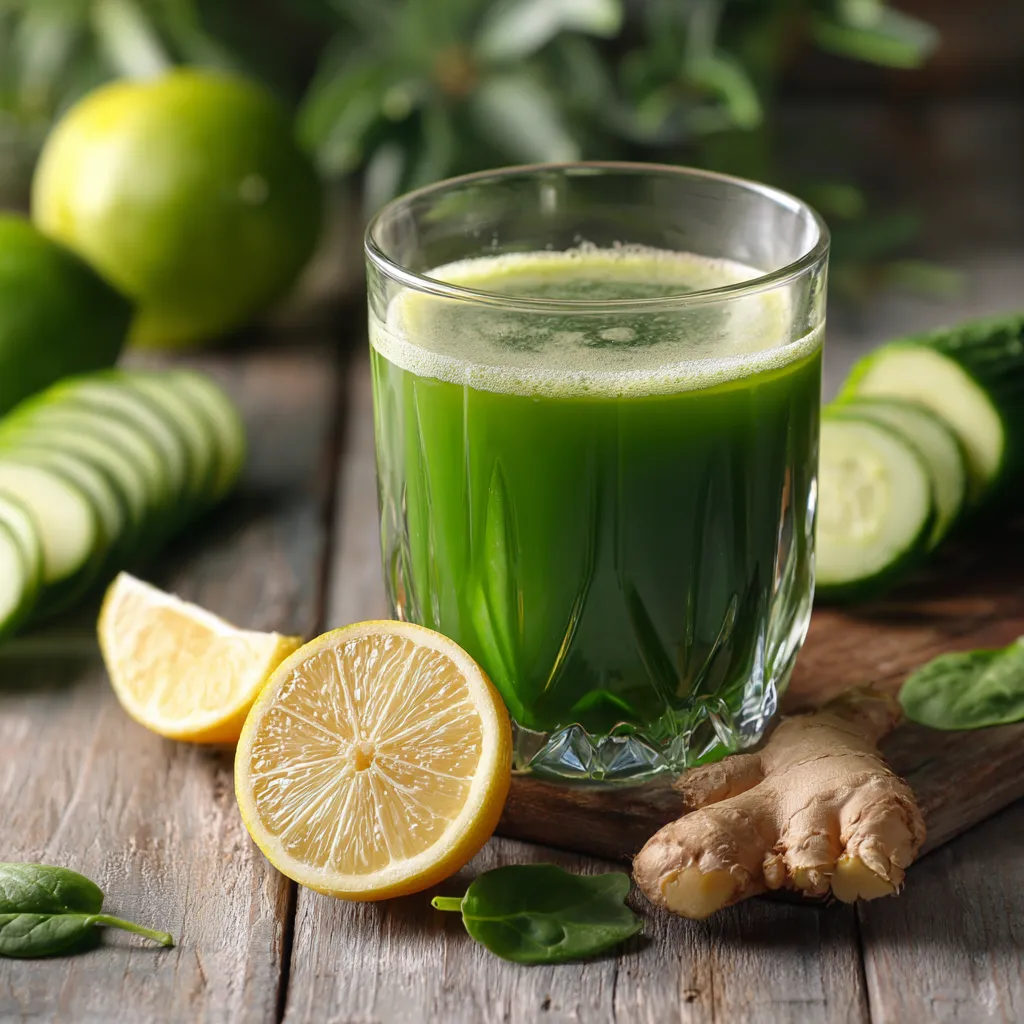 Jus Detox Maison Ventre Plat détox vert au citron et au concombre, posé sur une table rustique en bois avec gingembre frais.