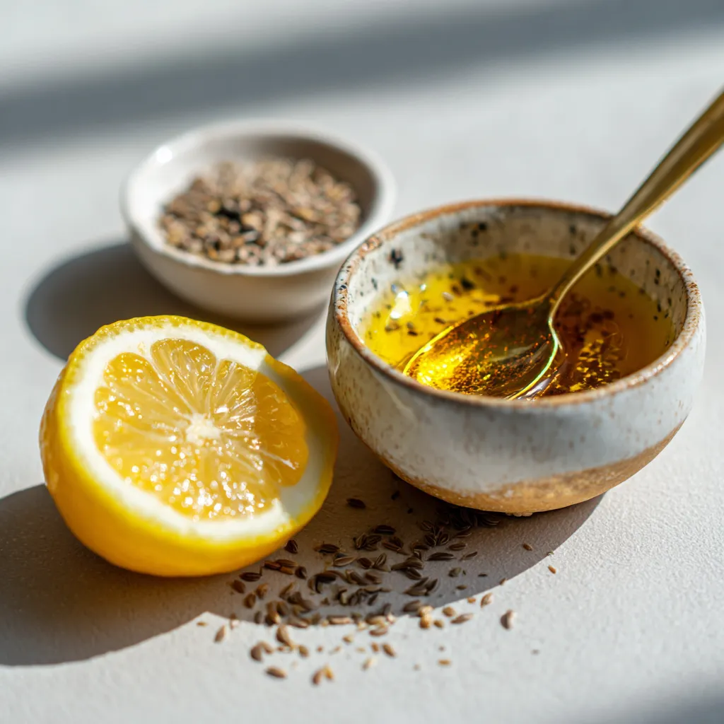 Bol en céramique contenant une vinaigrette dorée à base d’huile d’olive et de jus de citron, avec une cuillère dorée et un demi-citron posé à côté.