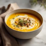 Bol de soupe de courge butternut crémeuse et dorée, décorée de crème, graines de courge et herbes fraîches
