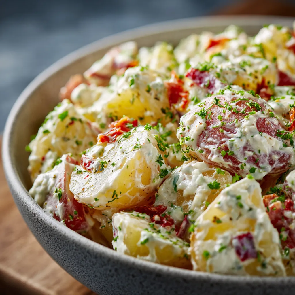 Gros plan appétissant d’une salade de pommes de terre froide avec sauce crémeuse, herbes fraîches.