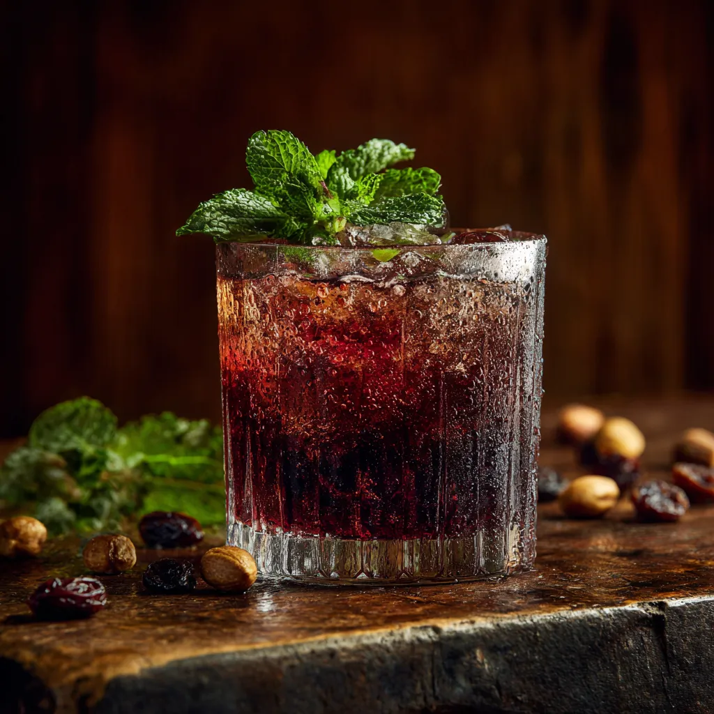 du jallab, a classic Middle Eastern drink recipe, served cold with ice, fresh mint, and pine nuts on a rustic wooden table.