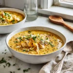 soupe au poulet, poireau et cheddar crémeuse et fumante, décorée d’herbes fraîches