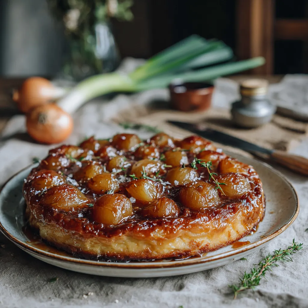 Tatin de Poireaux caramélisés garnie de branches de thym frais, servie sur une assiette avec des poireaux et des oignons disposés autour sur une nappe en lin rustique.
