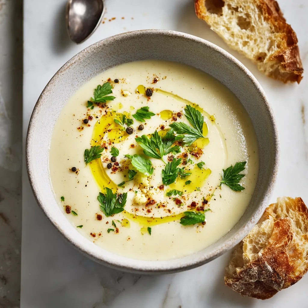 Soupe crémeuse de chou-fleur garnie de persil frais, de poivre noir et d’un filet d’huile d’olive, servie dans un bol en grès avec du pain rustique.