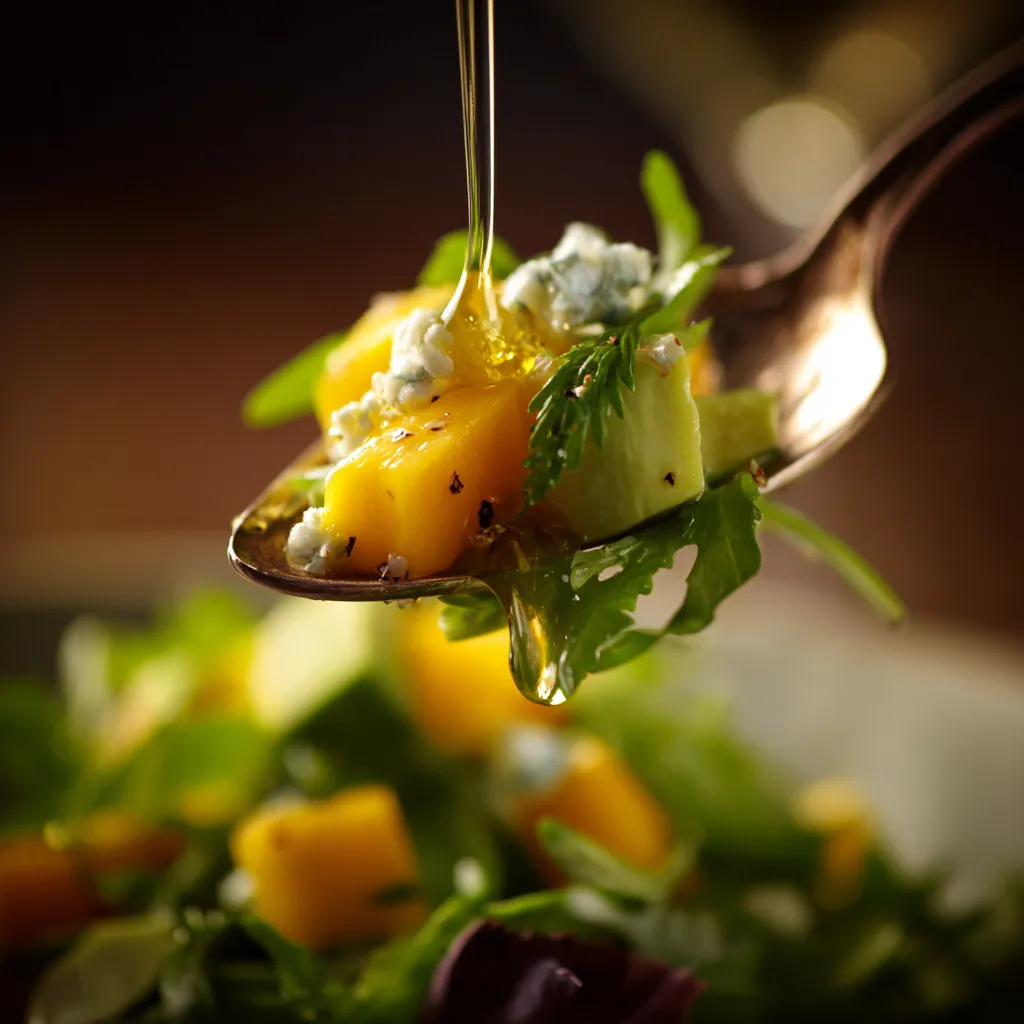 Gros plan sur une salade roquette avocat mangue nappée de vinaigrette maison citron miel