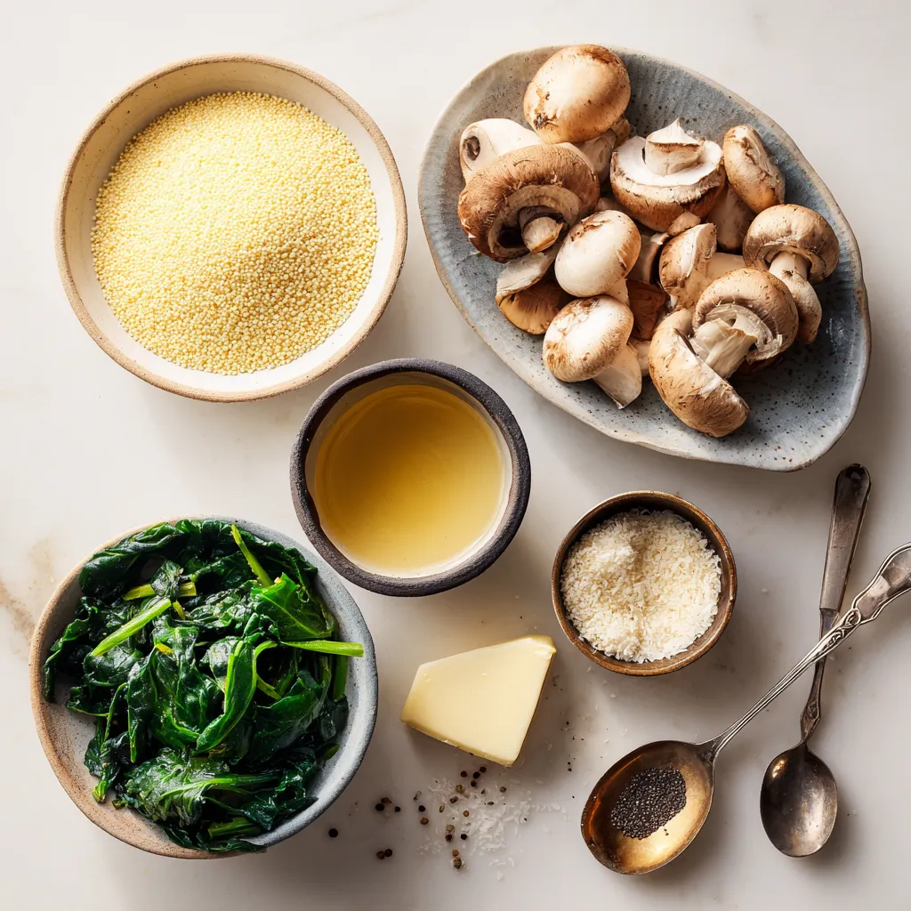 Ingrédients pour la polenta crémeuse aux champignons et épinards disposés sur un plan clair : semoule de maïs, champignons frais, épinards, beurre, bouillon et parmesan.