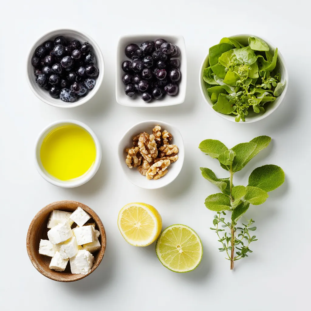 Ingrédients frais séparés pour une salade d’été : myrtilles, feta, salade verte, noix, citron et huile d’olive.