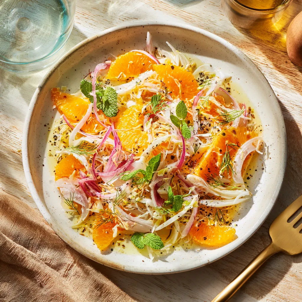 Assiette de salade de fenouil et d’orange parsemée de menthe et d’oignon rouge, prête à être dégustée.