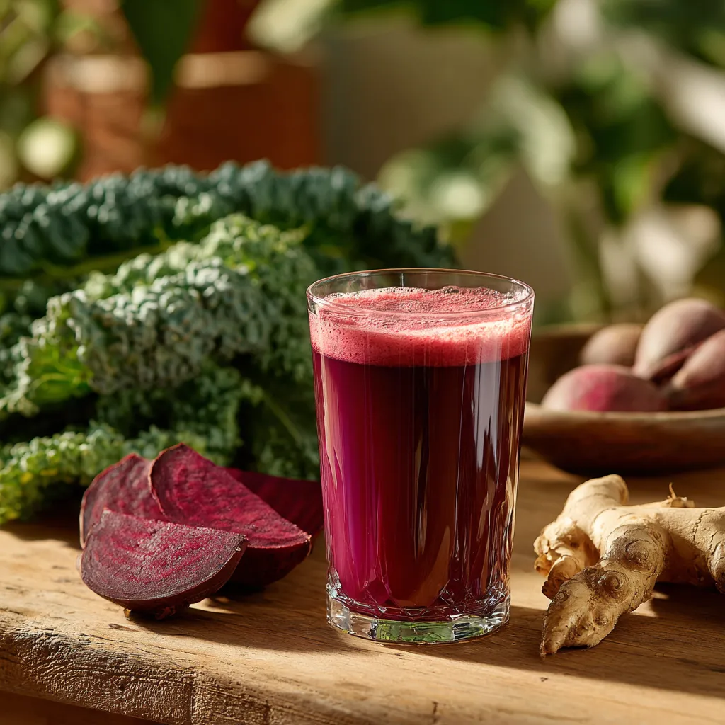Jus Detox Chou Betterave Gingembre sur table en bois avec légumes frais