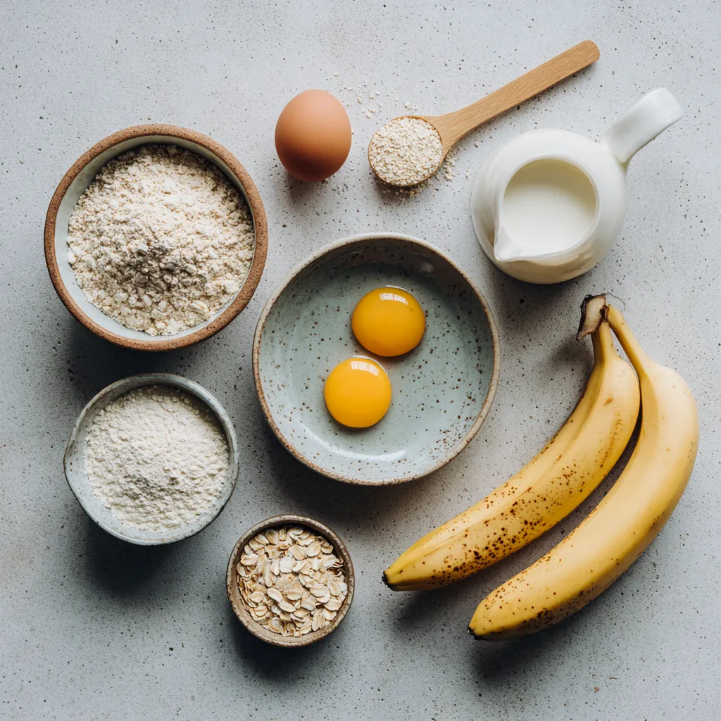 Ingrédients de base pour pancakes protéinés : œufs, bananes, flocons d’avoine, lait