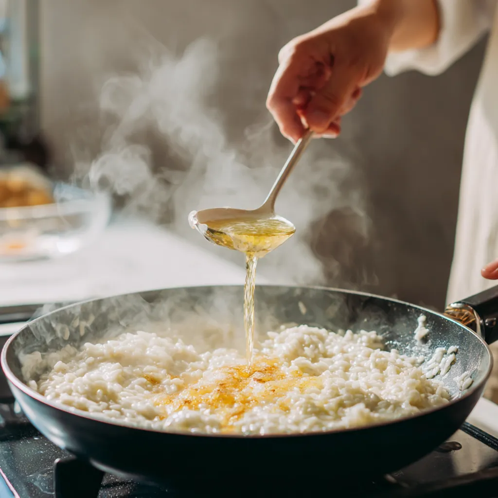 cuisson du risotto bouillon ajouté à la louche