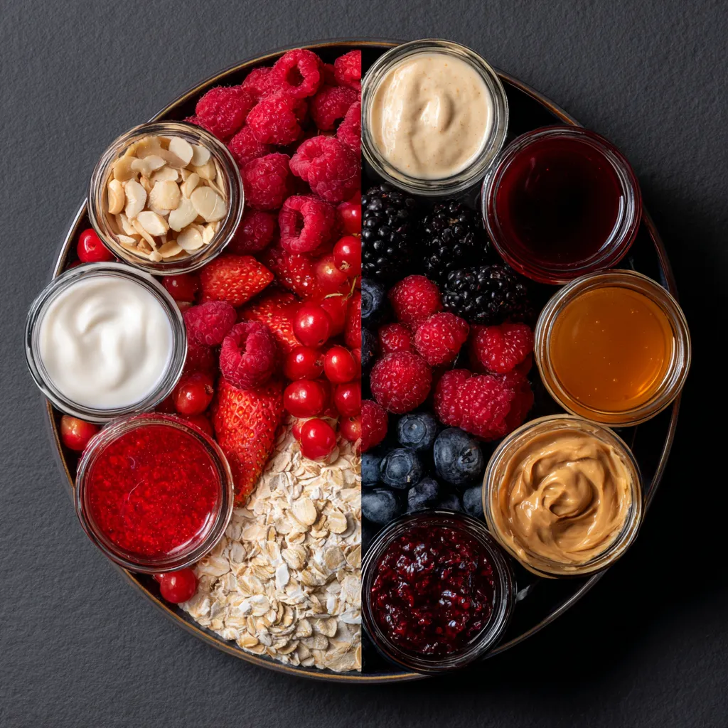 Comparatif visuel de toppings healthy vs caloriques pour pancakes