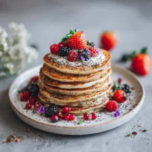 Pancakes protéinés décorés de baies, graines et fleurs comestibles