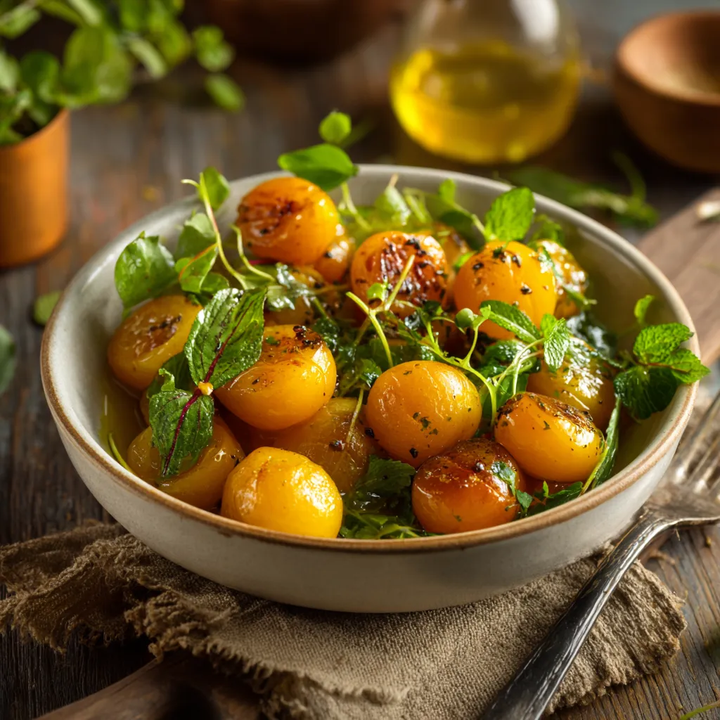 Salade de mirabelles rôties servie sur une table en bois rustique, éclairage naturel doux, ambiance conviviale de fin d’été.