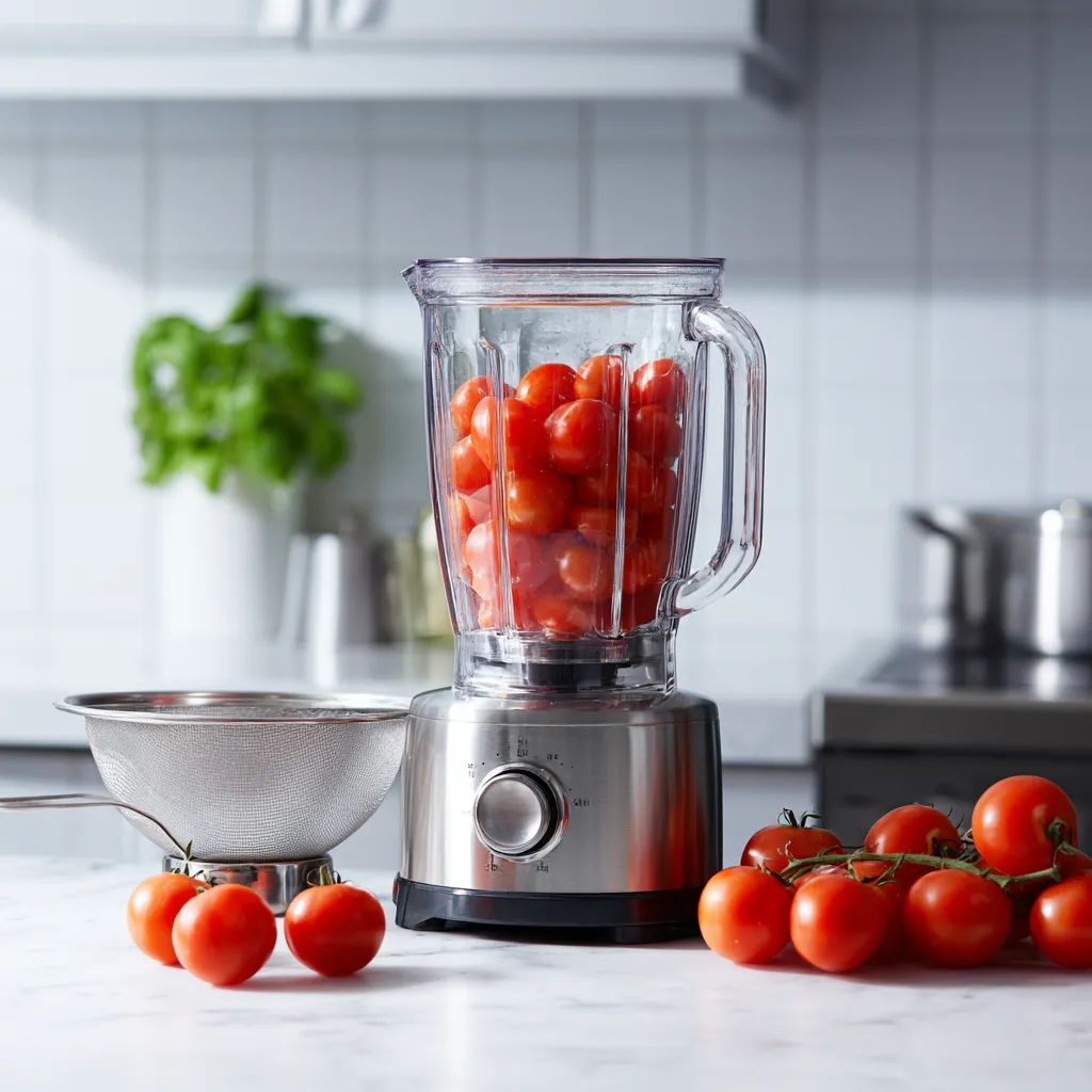 Blender en inox rempli de tomates rouges prêtes à être mixées, avec passoire et tomates sur le plan de travail.
