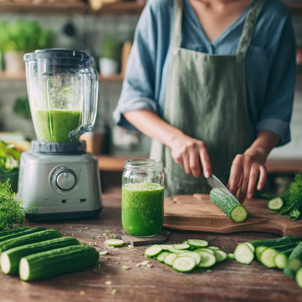 Personne en tablier coupant un concombre sur une table en bois à côté d’un blender rempli de jus vert.