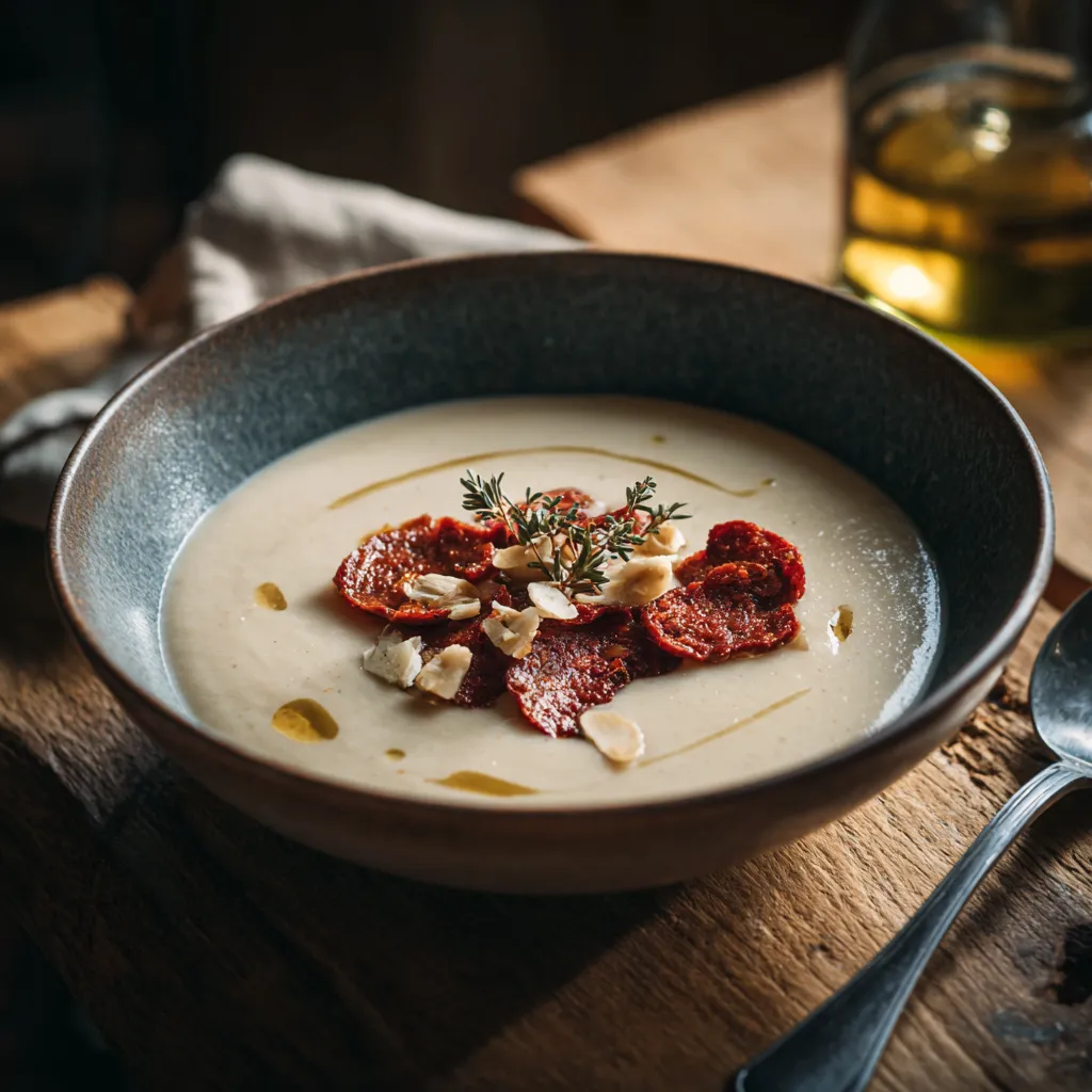 Bol de velouté de chou-fleur crémeux garni de chorizo grillé, noisettes hachées et brin de thym.