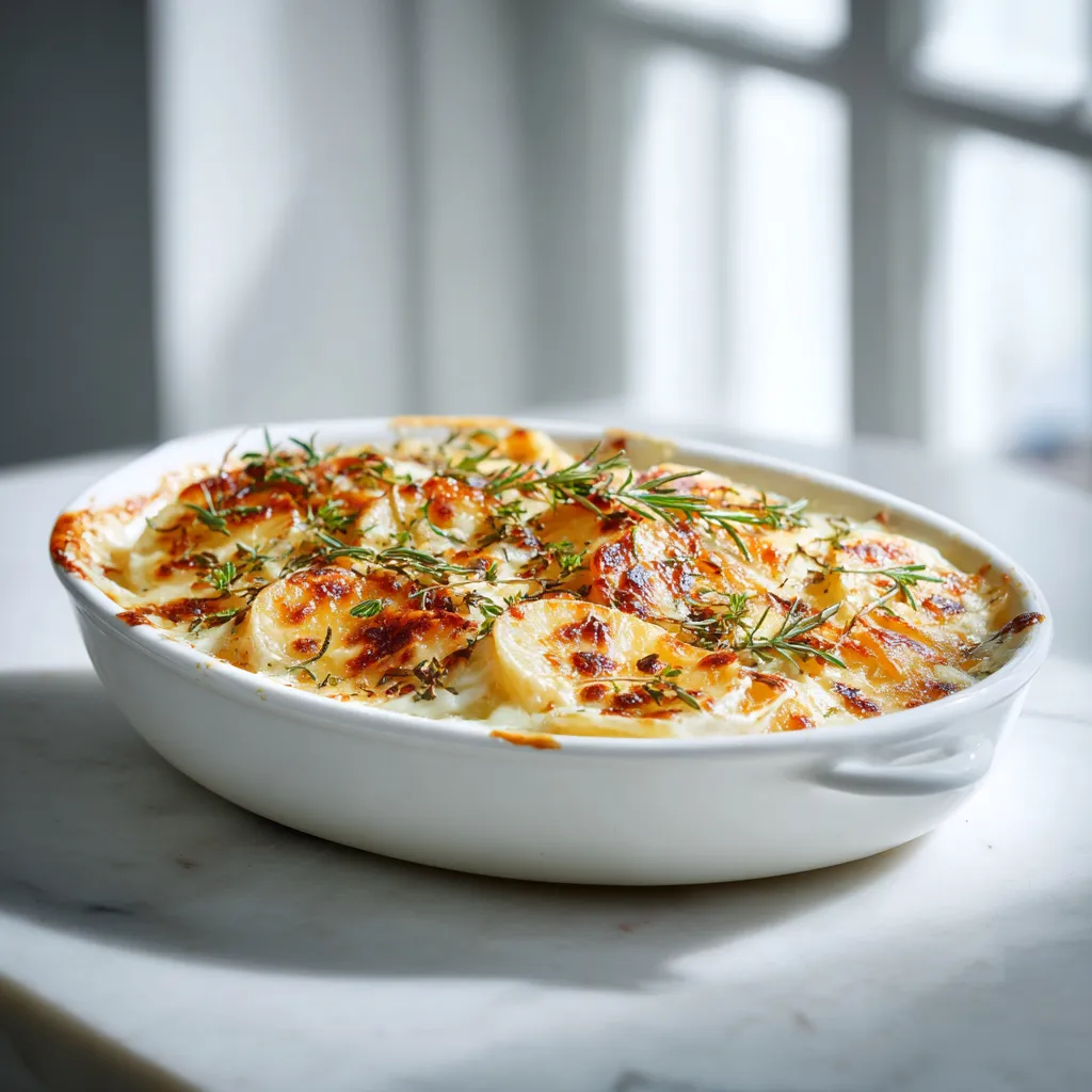 Gratin de haché et patate douce doré au four dans une cuisine blanche lumineuse, fromage fondant et croûte croustillante, plat en céramique sur un plan de travail moderne.