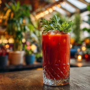 Jus de tomates maison Gros plan sur un verre de jus de tomates avec romarin et épices,