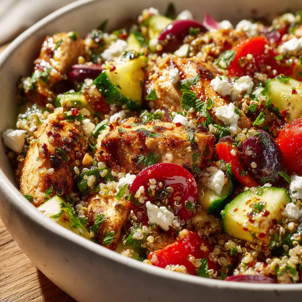 Salade composée méditerranéenne avec poulet grillé, quinoa, tomates cerises, olives noires et feta dans un bol blanc, vue rapprochée appétissante.