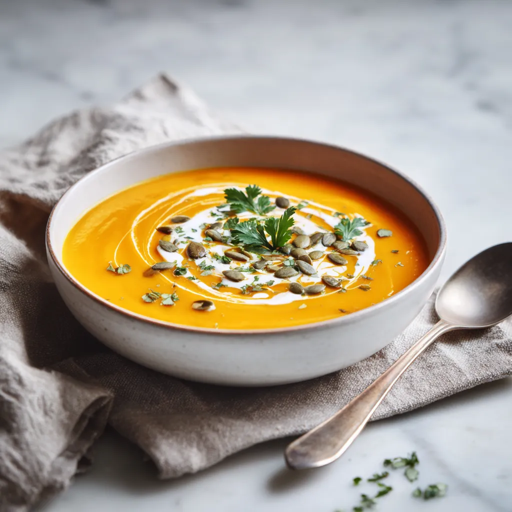 Soupe de Courge Butternut Facile et Délicieuse 4 Bol de soupe de courge butternut crémeuse et dorée, décorée de crème, graines de courge et herbes fraîches, posée sur une table
