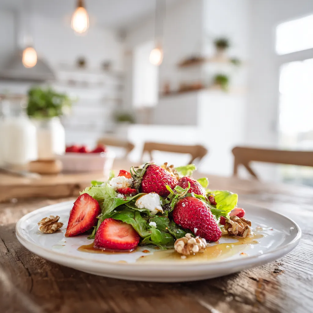 Salade sucrée salée avec fraises, fromage de chèvre, jeunes pousses et noix.