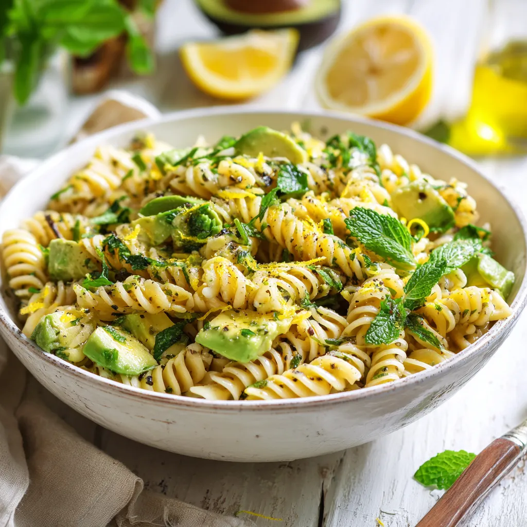 L'Incroyable Salade de Pâtes Avocat Citron Facile & Gourmande 2 Salade de pâtes avocat citron sur une assiette vintage élégante avec une fourchette ancienne.