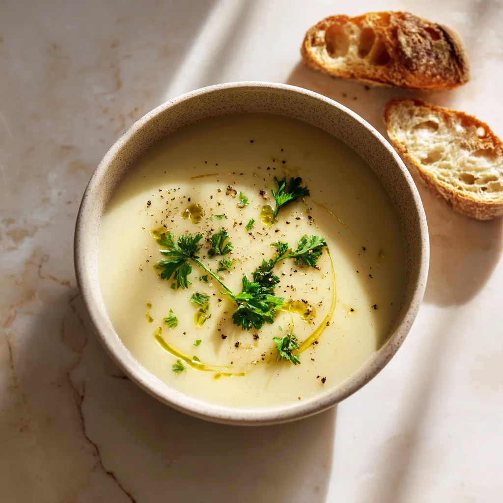 Soupe Crémeuse de Chou-fleur, garnie de persil et de poivre noir, éclairée par une douce lumière naturelle, accompagnée de tranches de pain.